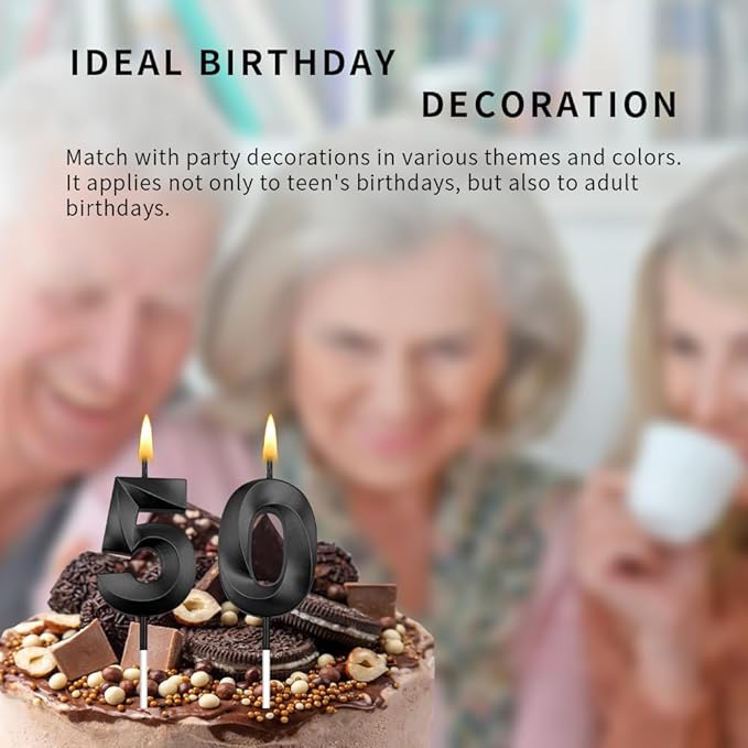 50th Candles, 50th Birthday Cake Topper with 50 Candles, Black Birthday Candles for Men & Women, 50 Birthday Decorations for Women Men