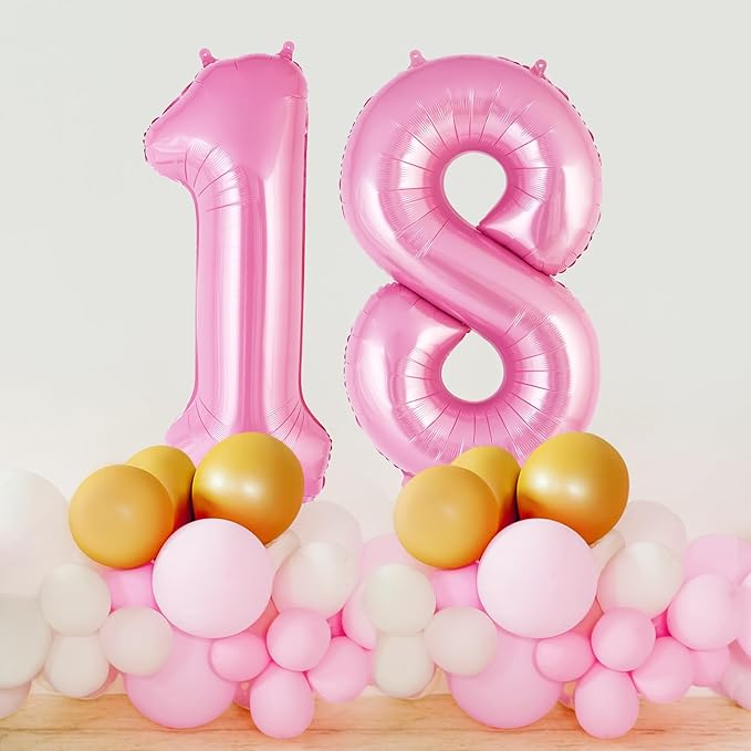 Pink Number 18 Balloon, 40 Inch Big Large Foil Helium Number Balloons, Giant Mylar Number 18 Balloons for 18 Years Old Birthday Party Decorations Supplies Anniversary