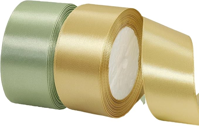 2 Rolls Sage Green Ribbon, 1-1/2 Inch 50 Yards Dusty Sage Green Gold Satin Fabric Ribbon for Wedding Party, Gift Wrapping, Baby Shower, Flower Bouquets, DIY Crafts, Birthday and Christmas Decorations