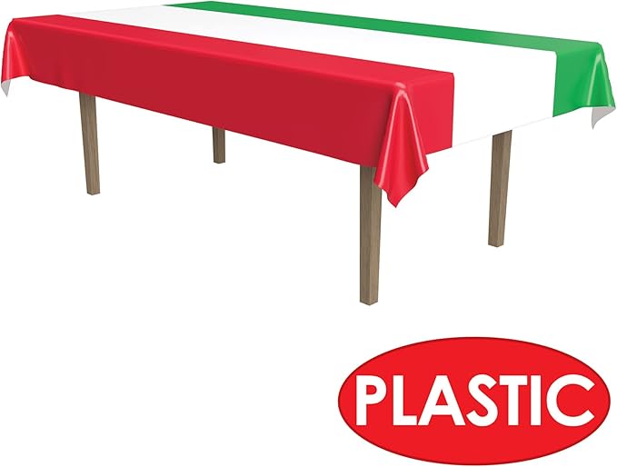 Beistle International Tablecover, 54” x 108” – Plastic Table Cloth, Rectangular Tablecloth, Italian Decorations, Mexican Tablecloth, Cinco De Mayo Decorations, Red/White/Green