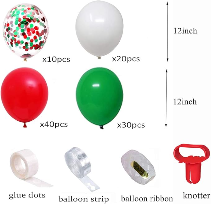 Red Green White Balloon Arch Strip Kit - 104pcs 16ft Balloon Garland for Christmas, New Year, Birthday, Wedding, Carnival Party Backdrop, DIY Kit for Kids & Families
