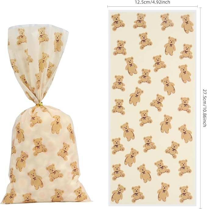 iNINGER 50 Pieces Bear Baby Shower Treats Cellophane Bags Plastic Goodie Candy Bags with 50 Gold Twist Ties Gift Bags for Gender Reveal Birthday Party Favors Baby Shower Treat Candy Gift Bags