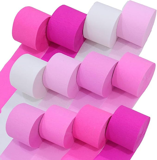 12 Pink Streamers, 984ft Pack of Pink Crepe Paper Rolls for Decorations, Birthday Streamer, Party Streamers for Bachelorette Decorations (1.8 inch x 82 ft/Roll)