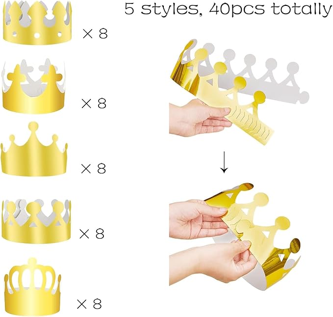 40 Pieces Paper Crowns Gold Foil Party Crown Paper King Hats Cap for Birthday Celebration Baby Shower Photo Props