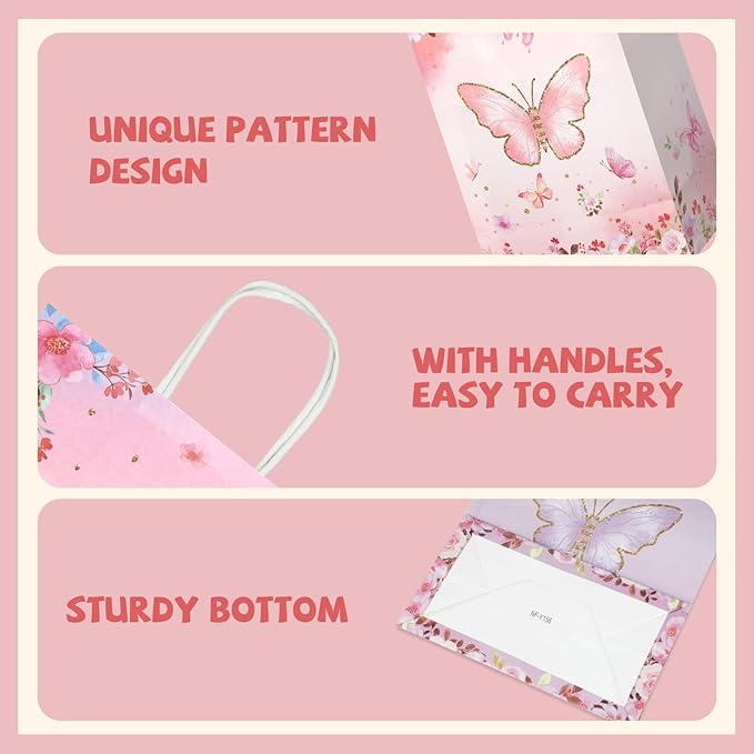 20Pcs Princess Prince Gift Bags with Handles, Butterfly Floral Castle Crown Party Favor Bags, Candy Goodie Bags Paper Treat Bags for Princess Baby Shower Birthday Party Supplies