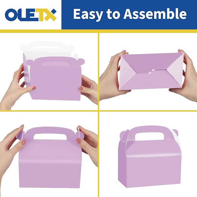 30-Pack Purple Party Favor Treat Boxes, Goodie Boxes, Gable Paper Gift Boxes with Handles. Perfect for Purple Birthday Party Baby Shower Decoration Supplies.