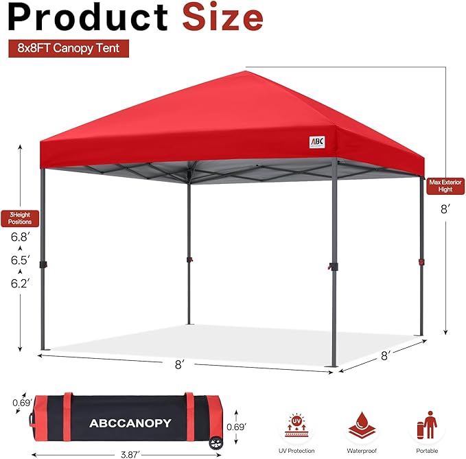 ABCCANOPY Pop Up Canopy - Outdoor Patio Portable Canopy Tent Heavy Duty for Backyard and Deck with 4 Sandbags(Red, 8x8)
