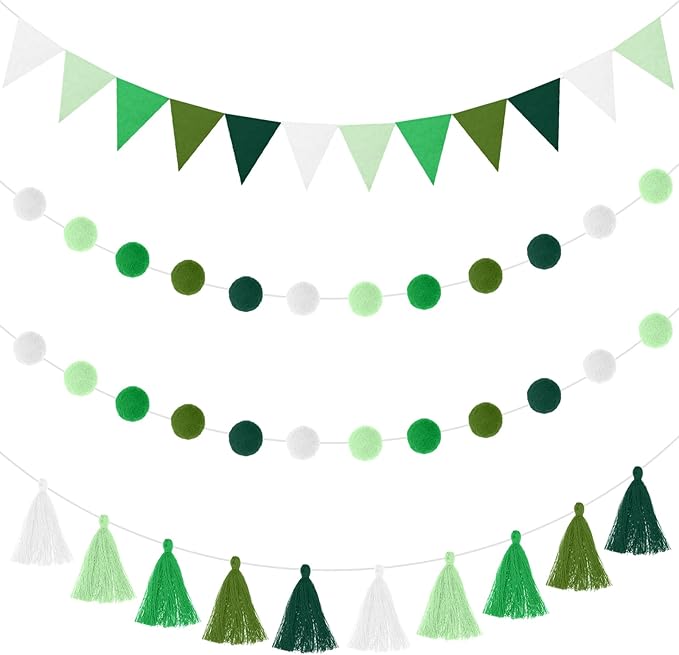 Irenare 9.8 ft Pom Pom Garland Felt Rainbow Garland 2026 Graduation Party Decoration Colorful Pennant Tassel Banner Back to School Birthday Triangle Banner for Classroom School Mantel(Gradient Green)