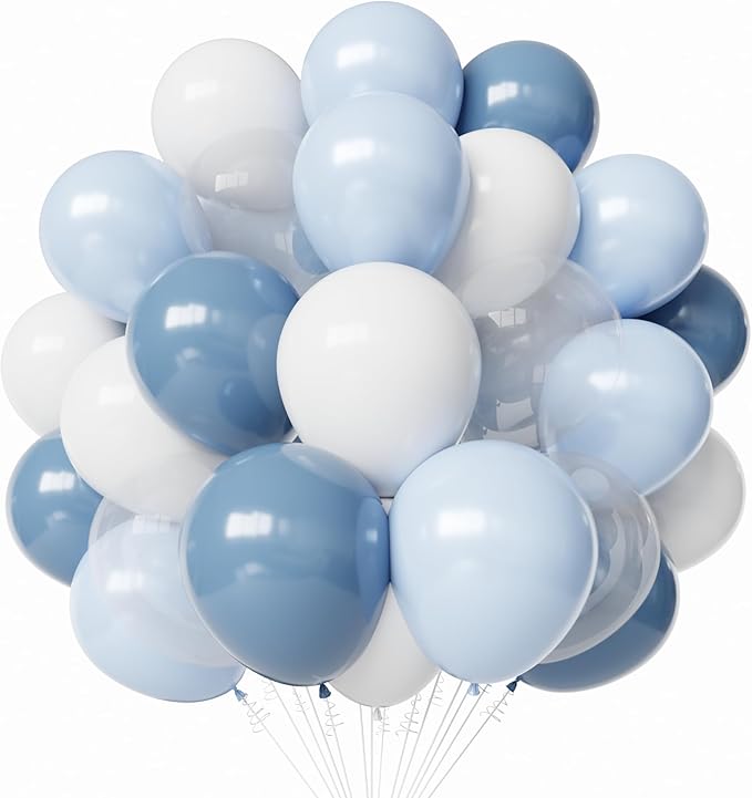 Dusty Blue Latex Balloons, 60pcs 12 Inches Blue and White with Transparent Balloons for Wedding, Birthday, Baby Shower Party Decorations