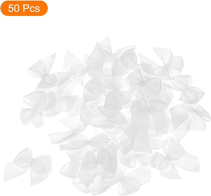 MECCANIXITY 50Pcs Mini Ribbon Bow 1" Mini Fabric Satin Ribbon Flower Bows for Craft DIY Sewing Wedding Birthday Party Gift Wrap Bows Wood White
