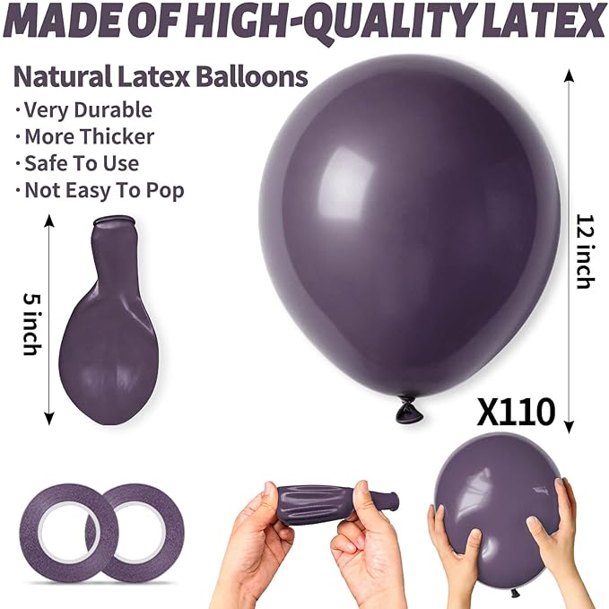 110pcs Dusty Purple Balloon 12 Inch, Dusty Purple Latex Balloons for Birthday Party Baby Shower Wedding(with 2 Ribbons).
