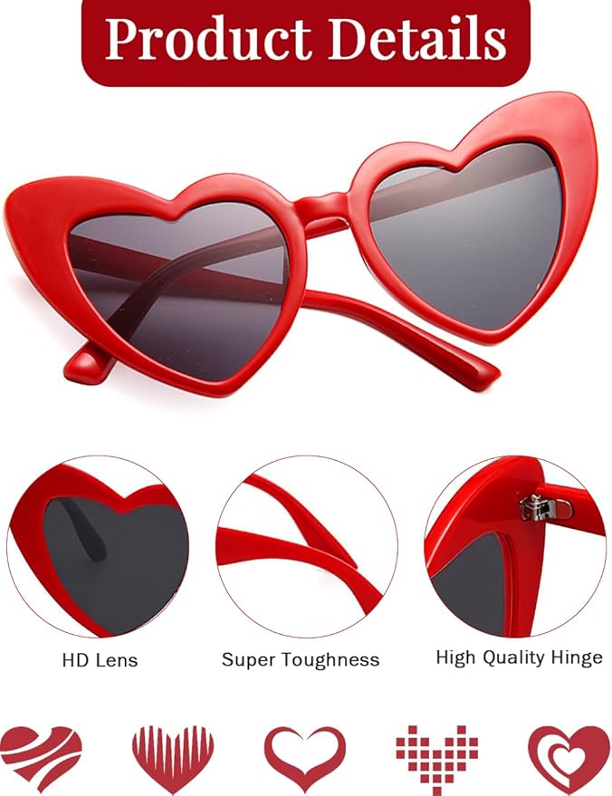 8 Pack Heart Sunglasses Vintage Cat Eye Heart Glasses Retro Bachelorette Bride Sunglasses Bulk for Women