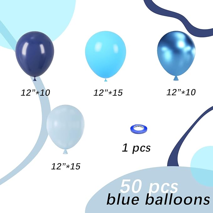 Blue Latex Balloons, 50pcs 12 Inches Metallic Light Navy Blue Balloons with 1 Ribbon for Baby Shower, Wedding, Birthday Party Decorations