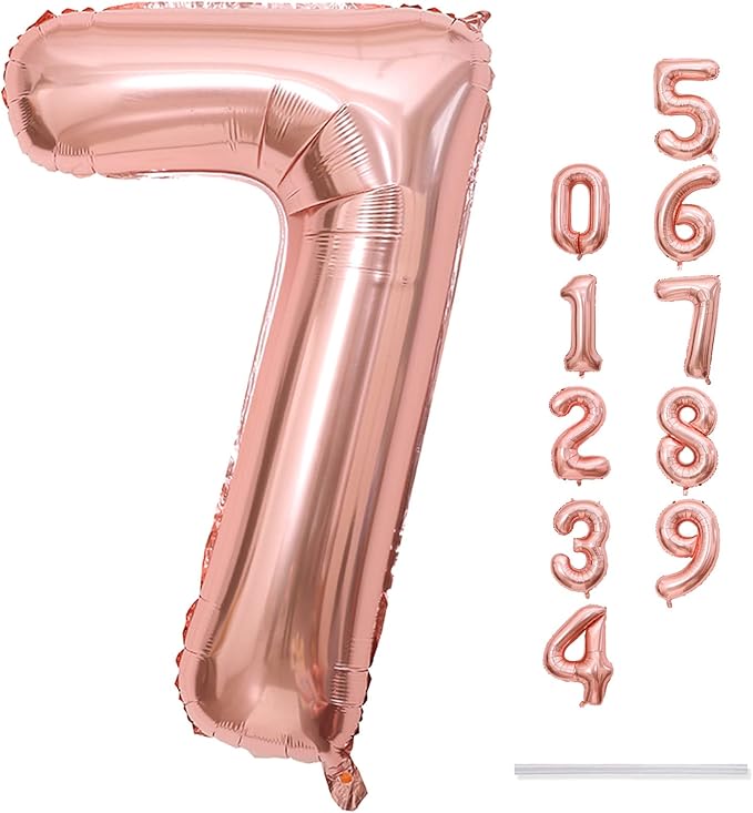 Rose Gold Number Balloons, 40inch Large Number 7 Foil Mylar Helium Balloons, Self Inflating Number Balloons 0-9 for Girls Women 7th 17th 70th Birthday Anniversary Party Graduation Decoration Supplies
