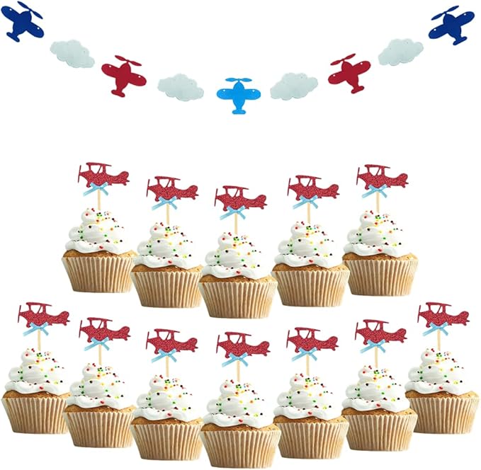 24 PCS Airplane Cupcake Toppers and 1 PCS Airplane Clouds Garland for Toppers Cake Food Dessert Picks Baby Shower Kids' Boys Birthday Party Decor