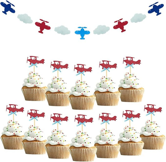 24 PCS Airplane Cupcake Toppers and 1 PCS Airplane Clouds Garland for Toppers Cake Food Dessert Picks Baby Shower Kids' Boys Birthday Party Decor