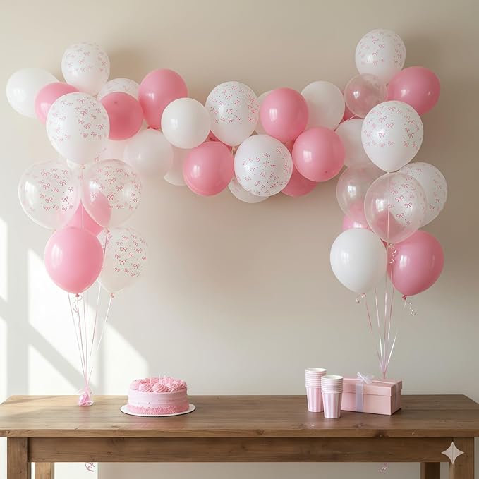 HILAVO Pink Bow Balloons, 12 Inch Pastel Light Pink Transparent White Bow Print Coquette Balloon for Girls Women Birthday Bachelorette Party Bridal Baby Shower Wedding Anniversary Decorations Supplies