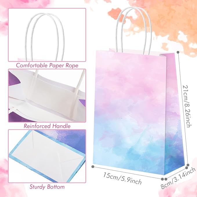 Humyoun 24 Pcs Pastel Gift Bags Paper Goodies Bags with Handles Watercolor Tie-Dye Candy Treat Gifts Wrapping for Baby Shower Wedding Birthday Party Supplies