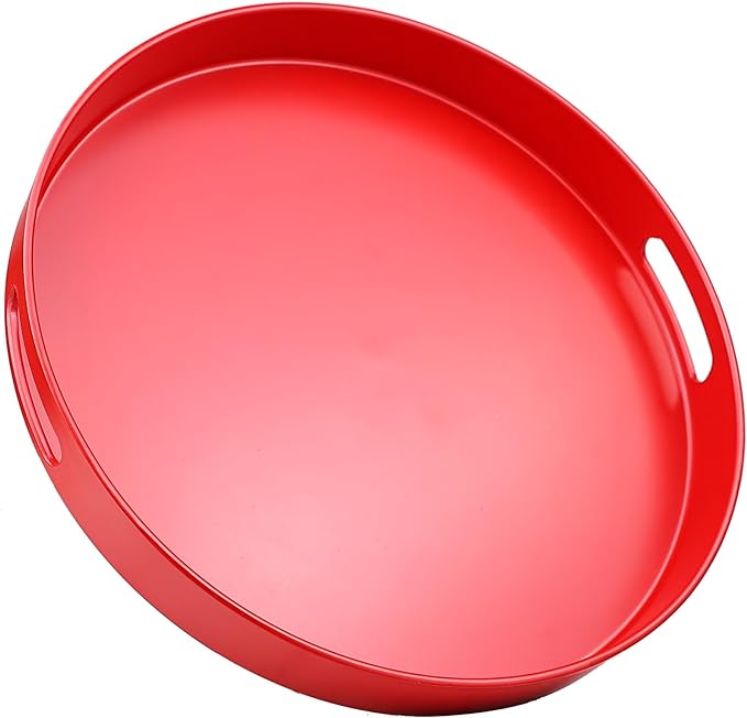 Round Red Decorative Serving Tray with Handles, 13” Versatile Ottoman Tray for Coffee Table, Entertaining, Outdoor Patio, Living Room