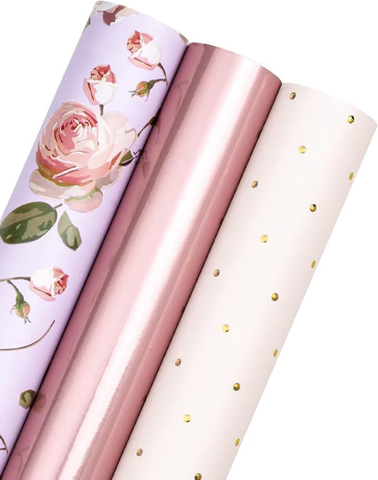 WRAPAHOLIC Pink Wrapping Paper Roll - Mini Roll - 3 Rolls - 17 Inch X 120 Inch Per Roll - Pink Floral Rose Gold Design for Wedding, Bridal Shower, Birthday, Baby Shower, Spring
