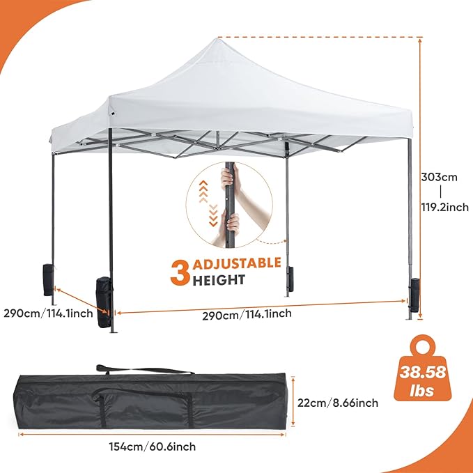 OLIXIS 10x10 Ft Pop Up Canopy Tent, Waterproof Outdoor Canopy, Portable Instant Shade Shelter with Sandbags for Beach, Backyard, Parties, Camping and Commercial Events, Bright White