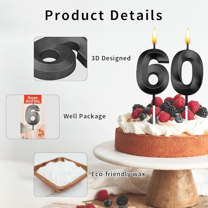 60th Birthday Candles Black 60th Birthday Cake Topper Happy Birthday Decorations Number 60 Candles for Cake Birthday Decorations for Him Her