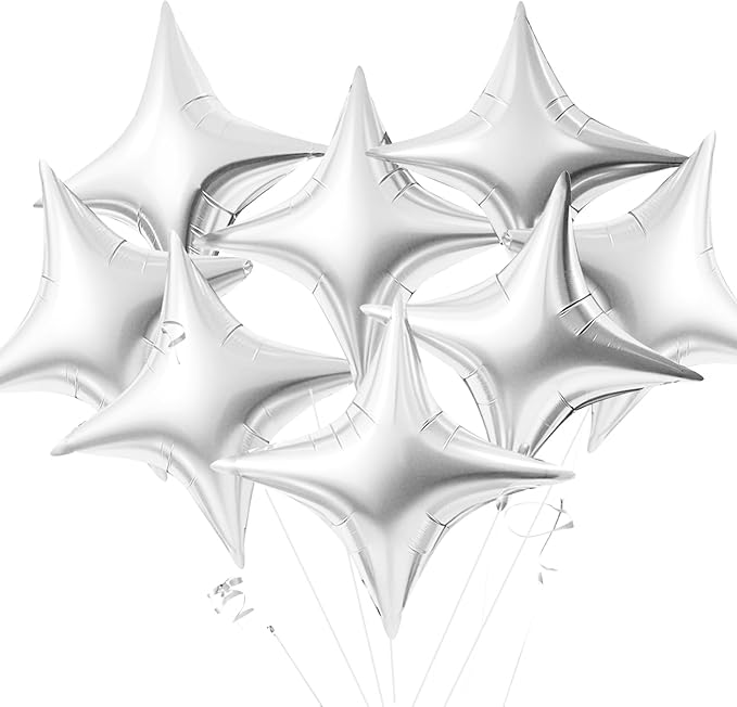 TONIFUL 20Pcs 26Inch Large Silver Four Pointed Star Shape Foil Balloons Big Silver Star Mylar Balloons for Birthday Wedding Baby Shower Anniversary Engagement Party Decorations Supplies