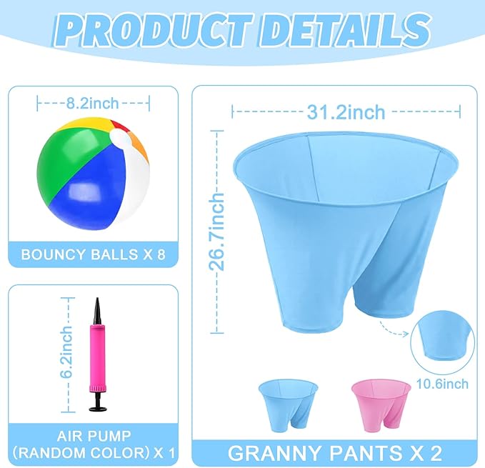 Granny Pants Game with Bouncy Balls and 1 Air Pump (Random Colors), Granny Pants Outdoor Game Baby Shower Funny Party Game for Adults & Families, Big Pants Ball Game Granny Pants Yard Game