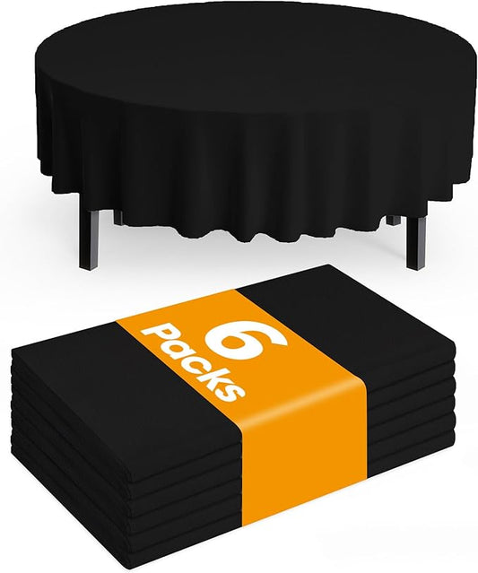 Pureegg Plastic Table Cloth Disposable 6 Pack, 84'' Round Table Cloths, Halloween Party Decorations, Summerween Decor, Halloween Tablecloths, Round, Plastic Cover, Waterproof, Black