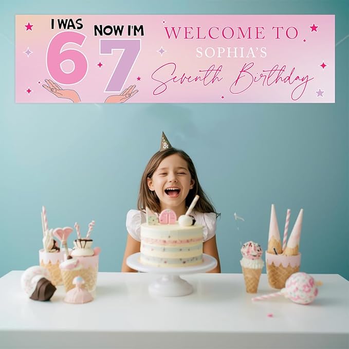 Andaz Press 13x48 Inch Custom 6 7 Birthday Banner Decorations, Personalized Birthday Banner with Custom Name, Pink 67 Happy Birthday Party Banner for Girls, Cute Backdrop for Home or Party Décor