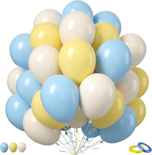 Pastel Blue Yellow Balloons, 50PCS 12Inches White Sand Macaron Yellow Balloons Baby Blue Latex Party Balloon for Baby ShowerTheme Birthday Gender Reveal Bridal Wedding Decoration