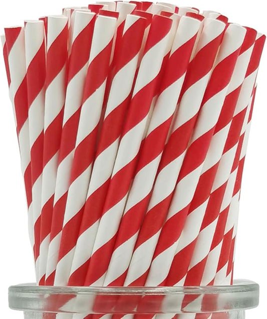 Biodegradable Red Striped Straws Bulk 100, Disposable Red and White Coca Cola Party Paper Straws for Cocktail, Milkshake, Coffee, Lemonade