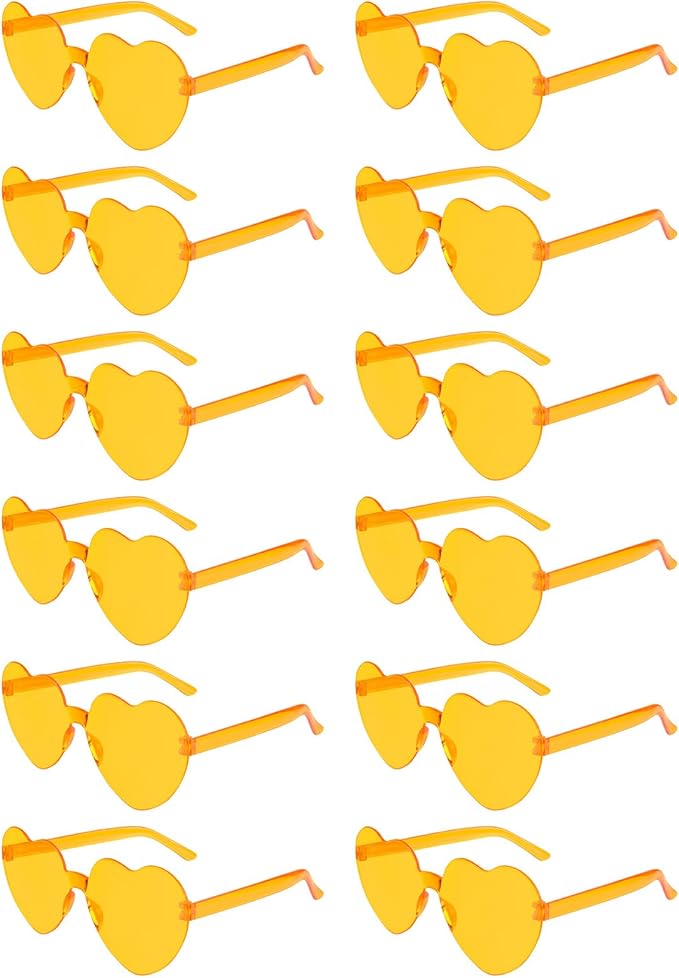 NACHLYNN 12 Pairs Yellow Heart Sunglasses for Women Rimless Heart Shaped Sunglasses Candy Heart Glasses for Party Favors