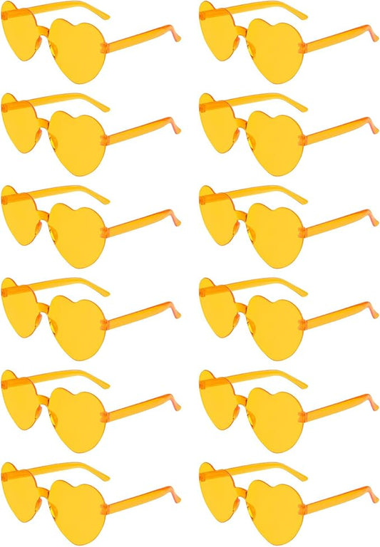 NACHLYNN 12 Pairs Yellow Heart Sunglasses for Women Rimless Heart Shaped Sunglasses Candy Heart Glasses for Party Favors
