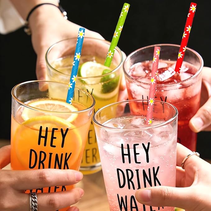 100 pcs Floral Garden Tea Party Paper Straws, Yellow White Daisy Flower Pink Blue Red Green Ditsy Drinking Straws, Vintage Spring Summer Wedding Baby Bridal Shower Cake Pop Sticks (Daisy Bouquet)