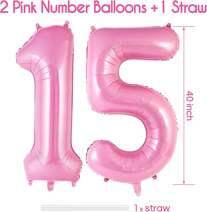 Pink Number 15 Balloon, 40 Inch Big Large Foil Helium Number Balloons, Giant Mylar Number 15 Balloons for 15 Year Old Birthday Party Decorations Supplies Anniversary