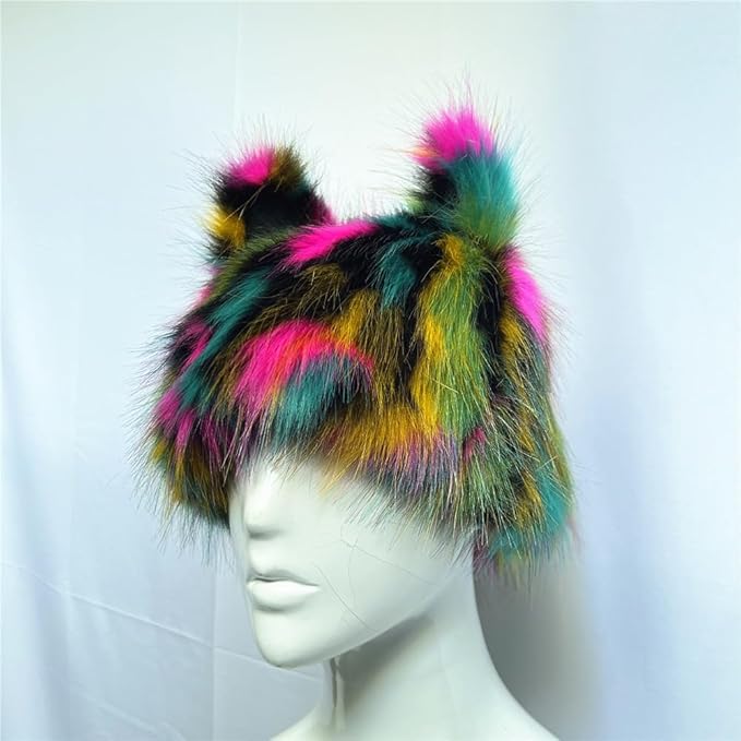 PURFUN Colorful Faux Fur Earflap Hats with Cat Ear, Adults Cosplay Halloween Animal Theme Wolf Cat Hooded Hat Costume Caps