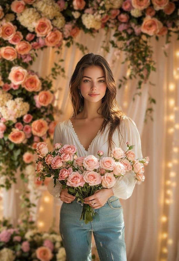 Kate 10x6.5ft Blush Floral Curtain Photography Backdrop with Lights Romantic Peach Rose Sheer Curtain Photo Background for Wedding Bridal Shower Birthday Party Photoshoot