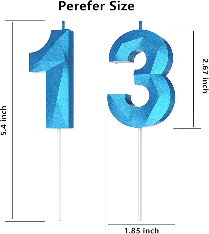 Number Birthday Candles(13 Candle Blue) 3D Diamond Shape Number Happy Birthday Cake Candles for Birthday Party Wedding Decoration Reunions Theme Party