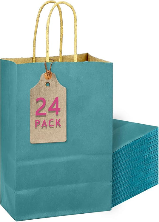 qiqee Slate Blue Gift Bag with Handles Bulk 24Pcs Paper Bags -10.6"x8.3"x4.3"Party Favor Bags - Solid Color