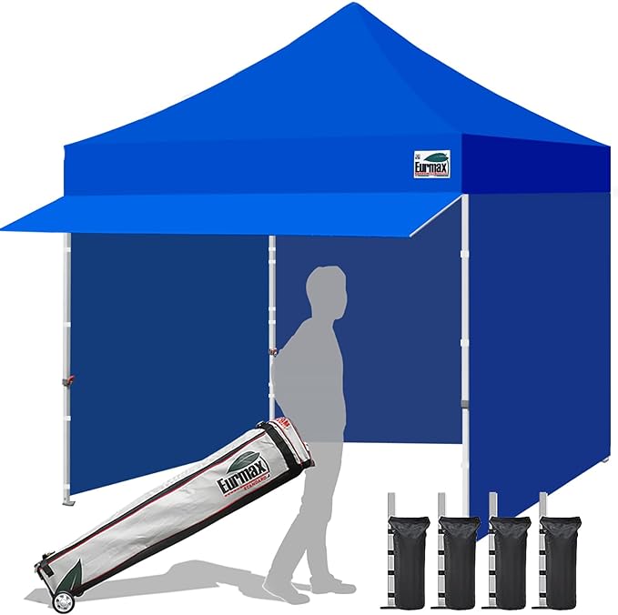 Eurmax USA 10x10 Pop Up Canopy,Commercial Tent with Patented No-Tip Rolling Bag,30sqft Extension Awning & 4 Zippered Removable Walls,UV & Water Resistant,Heavy Duty Instant Shelter Gazebo,Blue