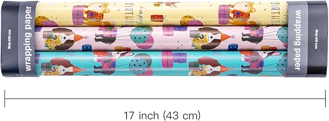 WRAPAHOLIC Dog Wrapping Paper Roll - 3 Short Roll - Birthday Puppy Dog Wrapping Paper for Kids Boys Girls Birthday, Pets Lover - 17 Inch x 120 Inch Per roll