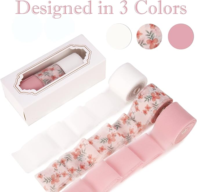 Handmade Fringe Floral Silk Chiffon Ribbons 1.5" x 7 Yards, 3 Rolls 21 Yards Pink Floral Ribbons Set for Wedding Invitations, Bridal Bouquets, Gifts Wrapping, DIY Crafts Decoration
