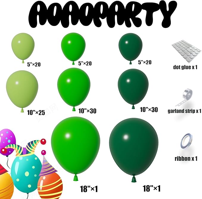 Green Balloons Garland Arch Kit Different Sizes Pack 150Pc 18Inch 10Inch 5Inch Latex Lime Green Dark Green Emerald Green Balloons for Birthday Graduation Baby Shower Jungle Party Decorations