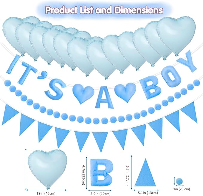 Gender Reveal Banner Set with Pre-Strung 3D it is a boy Felt Banner, Pom Pom Garland, Triangle Fabric Bunting, 12 PCS Blue Heart Shaped Balloons, Baby Shower Decorations for Boys