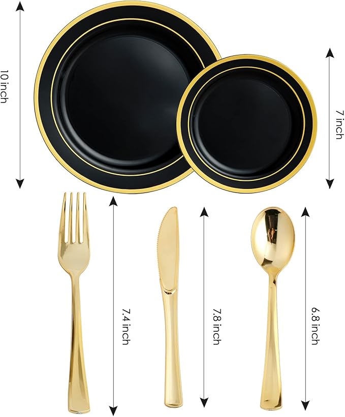 125 Count Halloween Dinner Plastic Plates Include 25 Disposable Dessert Plates & Gold Disposable Silverware, Dinnerware Set Providing for 25 Guests for Party, Wedding