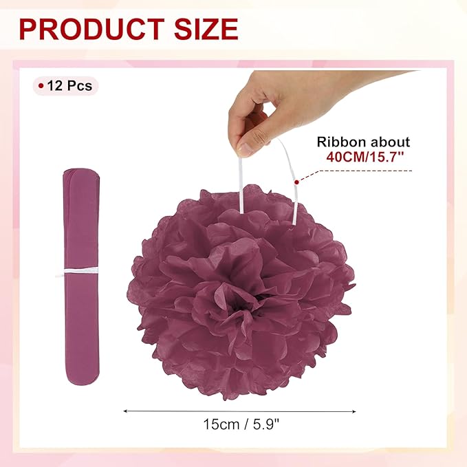 PATIKIL 6inch Tissue Paper Pom Poms, 12PCS Pom Poms Paper Flowers Ball Tissue Paper Flowers for Wedding Bridal Shower Birthday Bachelorette Party Backdrop Decoration, Wine Red