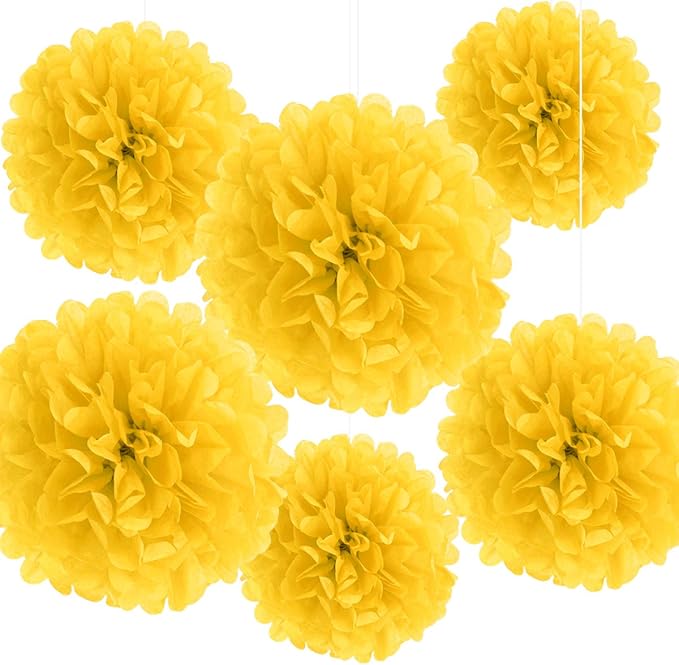 Binpeng Paper Pom Poms Hanging Paper Flower Ball Wedding Party Celebrations Decorations Outdoor Decoration Flowers Craft for Party Birthday Party (BIN-Yellow 6pk)