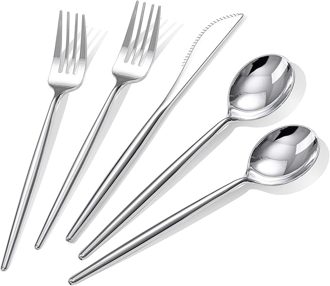 Rubtlamp 90Pcs Silver Plastic Silverware, Silver Plastic Utensils, Plastic Cutlery Include 30 Knives, 30 Forks and 30 Spoons, Silverware Heavy Duty For Party