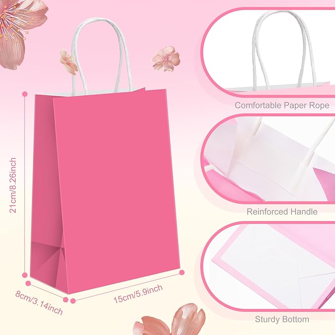 Humyoun 24 Pcs Pink Paper Gift Bags with Handles 8.3" x 5.9" x 3.1" Goodies Treat Candy Bags for Holiday Party Favor Gift Wrapping Baby Shower Wedding Birthday Party Supplies